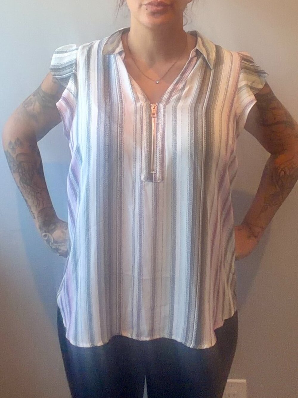 Candies XL Women’s Striped Blouse 1/2 Zipper Collared Tank Top